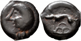 NORTHEAST GAUL. Leuci. Circa 100-50 BC. Cast unit (Potin, 18 mm, 3.51 g, 3 h). Celticized male head to left. Rev. Boar standing left; below, three ann...