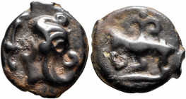 NORTHEAST GAUL. Leuci. Circa 100-50 BC. Cast unit (Potin, 18 mm, 3.30 g, 9 h), 'au profil casqué' type. Helmeted head to left, flower emerging from mo...