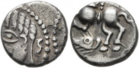 NORTHEAST GAUL. Leuci. Circa 100-50 BC. Quinarius (Silver, 12 mm, 1.75 g, 7 h), Solima. Male head to left; behind, S. Rev. [COΛΙΜΑ] Horse galloping le...
