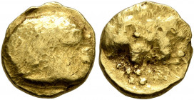 NORTHEAST GAUL. Mediomatrici (?). 2nd century BC. Quarter Stater (Gold, 11 mm, 2.07 g), imitating Philip II of Macedon. Devolved male head to right. R...