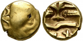 NORTHEAST GAUL. Morini. 58-50 BC. Quarter Stater (Gold, 9 mm, 1.42 g), 'à l'arbre et à la ligne brisée'. Traces of a head to right. Rev. Tree; to left...