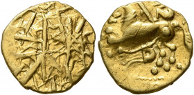 NORTHEAST GAUL. Nervii. 2nd century BC. Quarter Stater (Gold, 13 mm, 1.94 g), 'à la lyre' type. Numerous diagonal lines at various angles. Rev. Devolv...