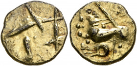 NORTHEAST GAUL. Nervii. 2nd century BC. Quarter Stater (Subaeratus, 13 mm, 1.35 g), 'à la lyre' type. Several diagonal lines at various angles. Rev. D...