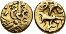 NORTHEAST GAUL. Nervii. Late 2nd to mid 1st centuries BC. Stater (Gold, 16 mm, 5.92 g, 11 h), 'à l'epsilon' type. Devolved and disjointed laureate mal...