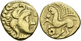NORTHEAST GAUL. Parisii. Mid 1st century BC. Quarter Stater (Gold, 14 mm, 1.69 g, 3 h). Celticized head to right. Rev. Celticized horse to left; above...