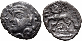 NORTHEAST GAUL. Parisii (?). Mid 1st century BC. Drachm (Silver, 19 mm, 3.03 g, 9 h). Celticized head to left; to left, lyre; below, crescents. Rev. C...