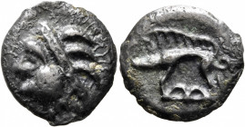 NORTHEAST GAUL. Remi. Circa 100-50 BC. Cast unit (Potin, 19 mm, 4.07 g, 4 h). Celticized male head to left. Rev. Boar standing left; below, two annule...