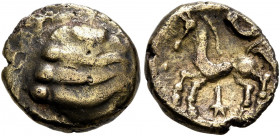 NORTHEAST GAUL. Remi (?). Late 2nd-mid 1st century BC. Quarter Stater (Electrum, 12 mm, 1.28 g). Stylized head. Rev. Horse springing left; below, star...