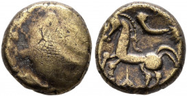 NORTHEAST GAUL. Remi (?). Late 2nd-mid 1st century BC. Quarter Stater (Electrum, 10 mm, 1.38 g). Stylized head. Rev. Horse springing left; below, star...