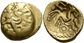 NORTHEAST GAUL. Suessiones. Late 2nd-mid 1st century BC. Stater (Gold, 20 mm, 6.07 g, 12 h), 'à l'ancre type'. Devolved laureate head of Apollo to rig...