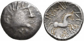 NORTHEAST GAUL. Suessiones. Circa 100-50 BC. Quinarius (Silver, 15 mm, 2.46 g, 7 h). [NIDE] Celticized male head to right. Rev. AΛABPOΔIIOC Horse spri...