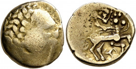 CENTRAL GAUL. Aedui (?). 2nd century BC. Quarter Stater (Gold, 13 mm, 1.76 g, 10 h). Celticized laureate head of Apollo to right. Rev. Celticized char...