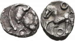 CENTRAL GAUL. Aedui. Circa 80-50 BC. Quinarius (Silver, 15 mm, 1.99 g, 11 h), 'à la tête casquée - au torque' type. Helmeted head of Roma to right. Re...