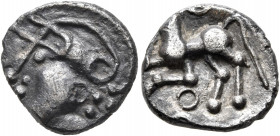 CENTRAL GAUL. Aedui. Circa 80-50 BC. Quinarius (Silver, 12 mm, 1.75 g, 10 h). Helmeted head of Roma to left. Rev. Celticized horse galloping left; abo...
