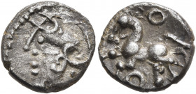 CENTRAL GAUL. Aedui. Circa 80-50 BC. Quinarius (Silver, 17 mm, 1.79 g, 2 h), 'à la tête casquée' type. Helmeted head of Roma to left; to right, [X]. R...