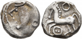CENTRAL GAUL. Aedui. Circa 80-50 BC. Quinarius (Silver, 13 mm, 1.92 g, 6 h), 'à la tête casquée - au torque' type. Helmeted head of Roma to left. Rev....
