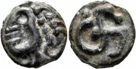 CENTRAL GAUL. Aedui. Circa 60-50 BC. Cast unit (Potin, 17 mm, 3.92 g, 3 h), 'potin au cheval marin - au bandeu perlé' type. Stylized male head to left...