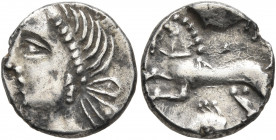 CENTRAL GAUL. Aedui. Circa 50-30 BC. Quinarius (Silver, 8 mm, 1.86 g, 1 h), Orgetirix, magistrate. [ATPILI F] Diademed Celticized head to left. Rev. [...