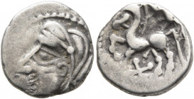 CENTRAL GAUL. Bituriges Cubi. Circa 80-50 BC. Quinarius (Silver, 13 mm, 1.94 g, 9 h), 'au sanglier' type. Celticized male head with thick locks to lef...