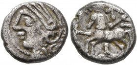 CENTRAL GAUL. Lingones. Circa 1st century BC. Quinarius (Silver, 10 mm, 1.49 g, 6 h), 'Kaletedou' type. Celticized head of Roma to left. Rev. KAΛ - 0 ...