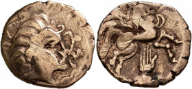 CENTRAL GAUL. Pictones. Circa 100-50 BC. Stater (Electrum, 21 mm, 6.14 g, 4 h), 'profil de type aquitanique' type. Celticized male head to right, with...