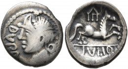 CENTRAL GAUL. Pictones. Mid 1st century BC. Quinarius (Silver, 15 mm, 1.83 g, 12 h), Duratios, king (?). DVRA[T] Diademed head to left. Rev. IVLIO[S] ...