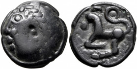 CENTRAL GAUL. Sequani. Circa 100-50 BC. Cast unit (Potin, 19 mm, 4.86 g, 4 h), 'à la grosse tête' type. Celticized male head to left, wearing stylized...