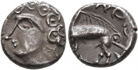 CENTRAL GAUL. Sequani. 1st century BC. Quinarius (Silver, 11 mm, 1.95 g, 9 h). Celticized male head with curly hair to left. Rev. [SEQVA]NOIOT[VOS] Bo...