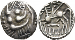SOUTHERN GAUL. Elusates. Circa 2nd century BC. Drachm (Silver, 17 mm, 3.10 g). Devolved and disjointed male head to left. Rev. Stylized horse to left,...