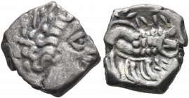 SOUTHERN GAUL. Insubres. Late 2nd-early 1st century BC. Drachm (Silver, 14 mm, 2.09 g, 12 h), imitating Massalia. Female head to right, wearing triple...
