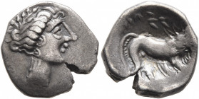SOUTHERN GAUL. Insubres. Late 2nd-early 1st century BC. Drachm (Silver, 14 mm, 2.79 g, 1 h), imitating Massalia. Female head to right, wearing triple-...