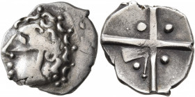 SOUTHERN GAUL. Longostaletes. 2nd century BC. Drachm (Silver, 19 mm, 3.58 g), 'à la croix' type. Male head with curly hair to left. Rev. Large cross w...