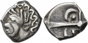 SOUTHERN GAUL. Volcae-Arecomici. Circa 118-76/74 BC. Quinarius (Silver, 15 mm, 3.15 g), 'à tête négroïde' type. Celticized male head with African feat...