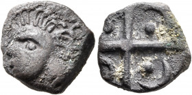 SOUTHERN GAUL. Volcae-Arecomici. Circa 118-76/74 BC. Drachm (Silver, 14 mm, 3.11 g), 'à la tête négroïde' type. Male head to left. Rev. Large cross wi...