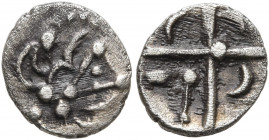 SOUTHERN GAUL. Volcae-Tectosages. Mid 2nd to early 1st century BC. Obol (Silver, 10 mm, 0.44 g), 'à la croix' type. Celticized male head to right. Rev...