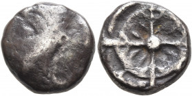 SOUTHERN GAUL. Uncertain tribe. Circa 2nd century BC. Drachm (Silver, 14 mm, 4.00 g), imitating Rhode. Celticized head of Persephone to left, wearing ...