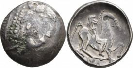 CARPATHIAN REGION. Uncertain tribe. Circa 2nd century BC. Tetradrachm (Subaeratus, 25 mm, 12.14 g, 12 h), 'Kinnlos' type, imitating Philip II of Maced...