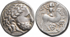 MIDDLE DANUBE. Uncertain tribe. 3rd-2nd century BC. Tetradrachm (Silver, 24 mm, 13.23 g, 6 h), 'Puppenreiter mit Triskeles' type, imitating Philip II ...