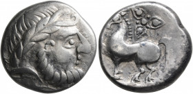 MIDDLE DANUBE. Uncertain tribe. 2nd century BC. Tetradrachm (Silver, 21 mm, 11.06 g, 9 h), 'Ornamentreiter' type, imitating Philip II of Macedon. Celt...