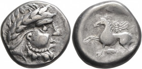 MIDDLE DANUBE. Uncertain tribe. 2nd-1st centuries BC. Tetradrachm (Silver, 22 mm, 11.92 g, 2 h), 'Pegasos' type. Celticized laureate head of Zeus to r...