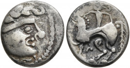 MIDDLE DANUBE. Uncertain tribe. 2nd-1st centuries BC. Drachm (Silver, 13 mm, 2.06 g, 11 h), 'Eingesetzter Pferdefuß' type, imitating Philip II of Mace...