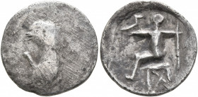 MIDDLE DANUBE. Uncertain tribe. 2nd-1st centuries BC. Drachm (Silver, 17 mm, 3.00 g). Bird-like half-length figure to left, left hand raised. Rev. Cel...