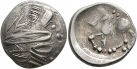 LOWER DANUBE. Uncertain tribe. Circa 2nd century BC. Tetradrachm (Silver, 21 mm, 6.99 g, 3 h), 'Sattelkopfpferd' type, imitating Philip II of Macedon....