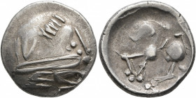 LOWER DANUBE. Uncertain tribe. Circa 2nd century BC. Tetradrachm (Silver, 21 mm, 7.08 g, 5 h), 'Sattelkopfpferd' type, imitating Philip II of Macedon....