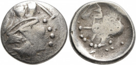 LOWER DANUBE. Uncertain tribe. Circa 2nd century BC. Tetradrachm (Silver, 22 mm, 6.62 g, 6 h), 'Sattelkopfpferd' type, imitating Philip II of Macedon....