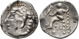 LOWER DANUBE. Uncertain tribe. Circa 2nd century BC. Drachm (Silver, 17 mm, 4.00 g, 3 h), imitating Alexander III of Macedon. Celticized male head to ...