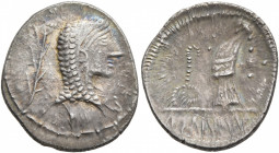 MIDDLE DANUBE. Eravisci. Mid to late 1st century BC. Denarius (Silver, 20 mm, 2.94 g, 6 h), imitating a denarius of L. Roscius Fabatus of 59 BC. Head ...
