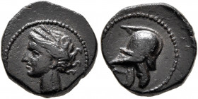 SPAIN. Punic Spain. Circa 237-209 BC. 1/4 Unit (Bronze, 12 mm, 1.93 g, 12 h), uncertain mint. Wreathed head of Tanit left. Rev. Crested helmet left. A...