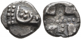 SPAIN. Emporion. Circa 470-460 BC. Tetartemorion (Silver, 7 mm, 0.28 g). Head of a ram to right. Rev. Incuse square quartered by pelleted lines; in ea...