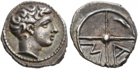 GAUL. Massalia. Circa 380-336 BC. Obol (Silver, 11 mm, 0.77 g, 1 h). Bare head of Apollo to right. Rev. Μ-Α in two quarters of four spoked wheel. Maur...
